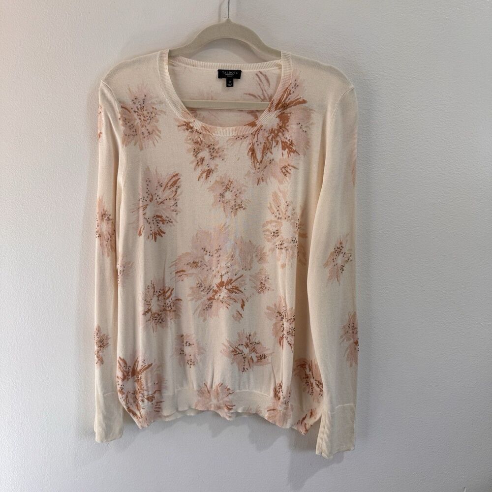 Talbots Sweater Pullover 1X Floral Beaded Cream Pink Cotton Knit Cottage